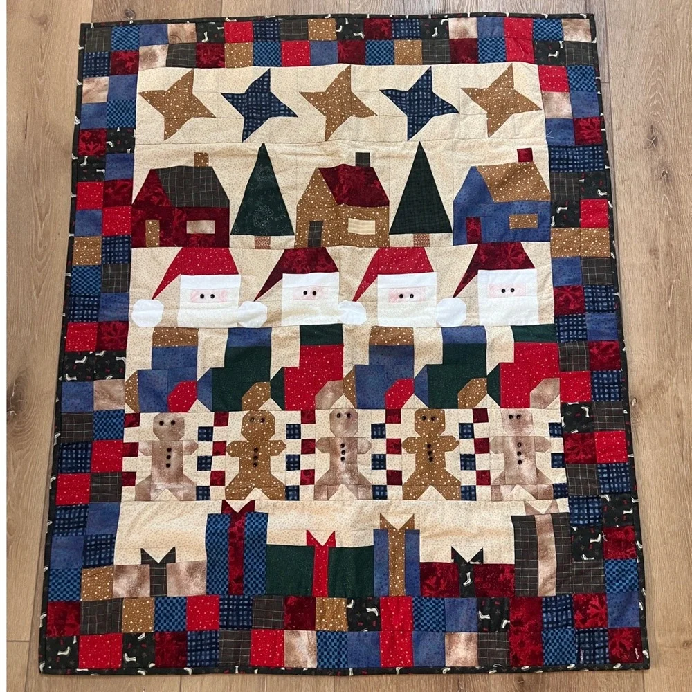 Handmade Christmas Patchwork Quilt Santa Gingerbread Wall Hanging Primitive